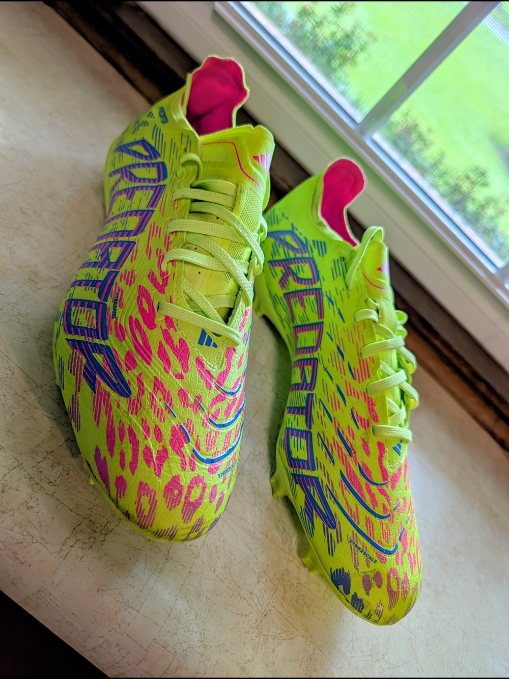 adidas Predators Neon Yellow Cleats with Pink and Blue Accents